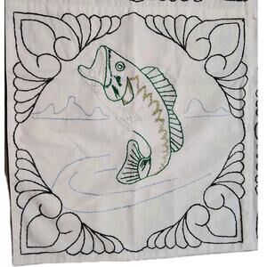 Large Mouth Bass Handmade Embroidered Table Runner Blue White Green 32"X 50"
